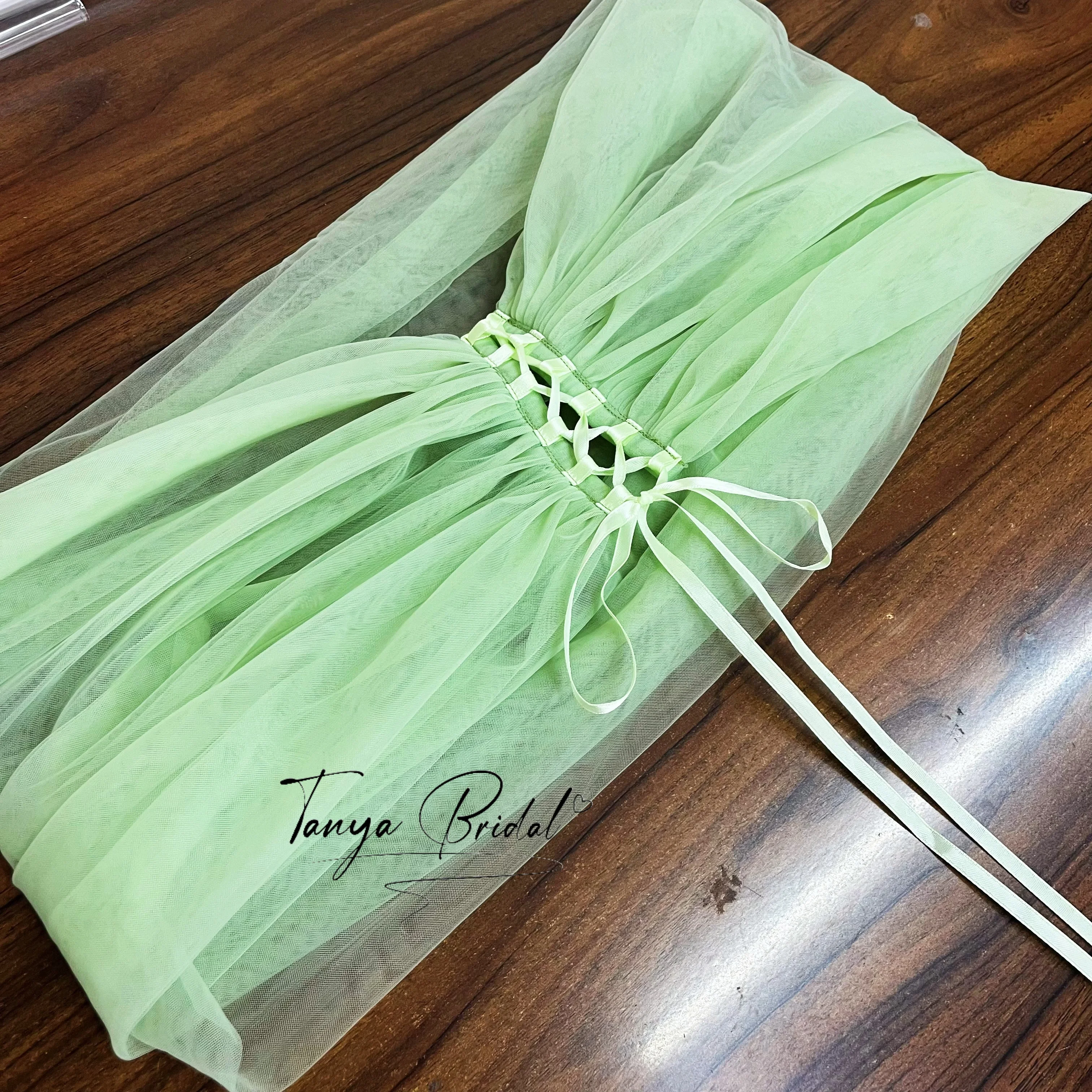 Fresh Green Off Shoulder Ruched Tulle Bolero Back Lace Up Tie Adjustable Bridal Shrug Wedding Party Dress Cover Up