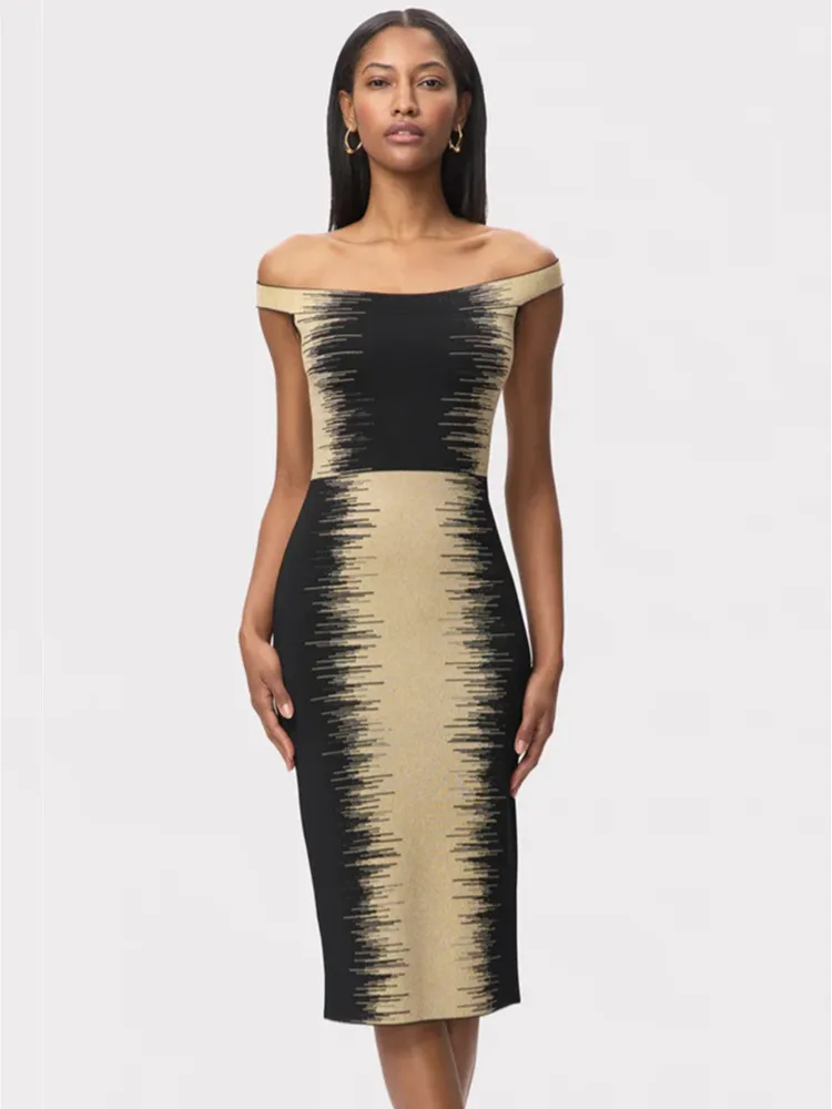 

Женское сексуальное облегающее платье миди с открытыми плечами и жаккардовым узором, бандажное, 2026, элегантное вечернее/клубное/праздничное платье