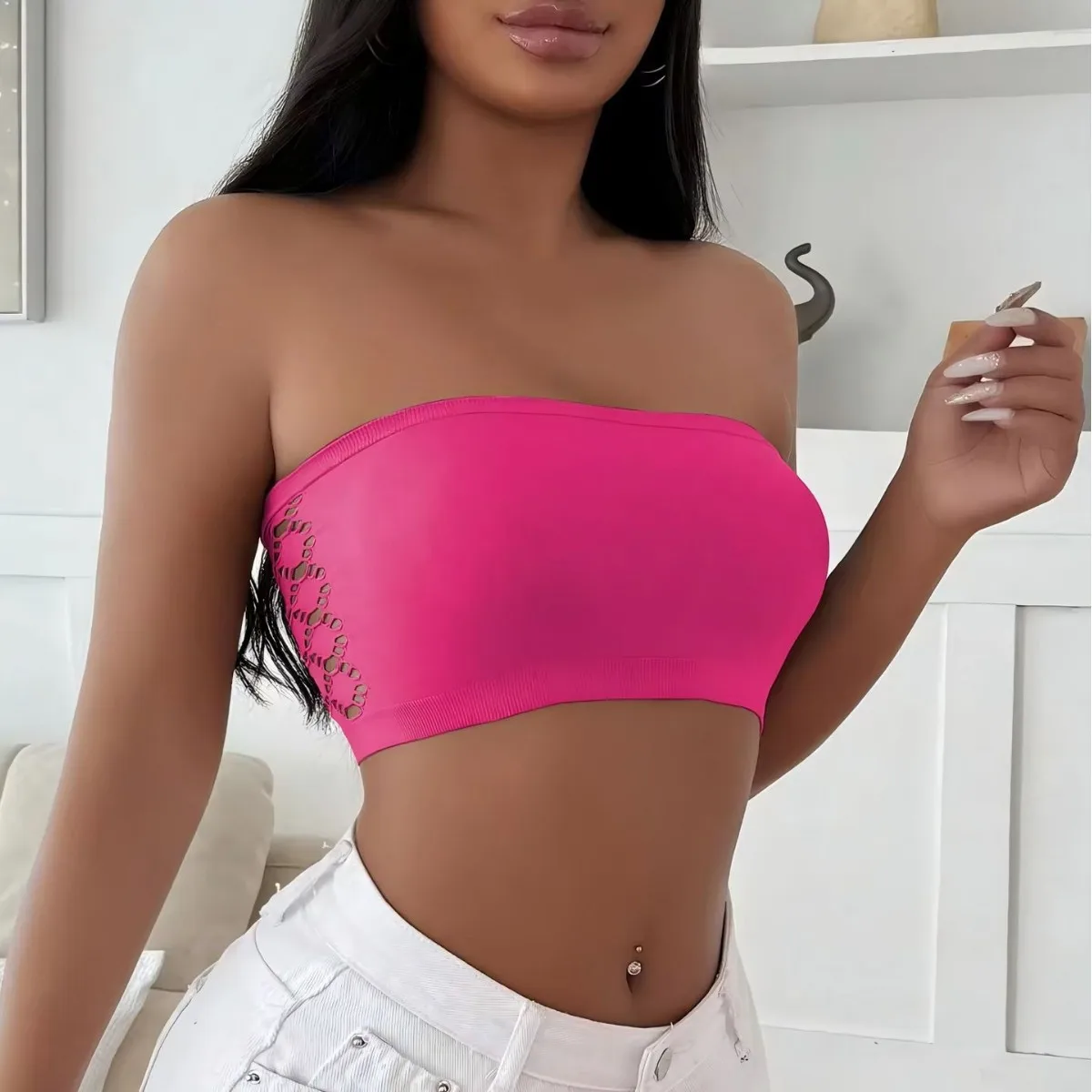 Hollow Out Sexy Crop Top Summer Strapless Backless women's t-shirts Pink Vintage Tube Tops Lace Corsets Y2K Cheap Clothes Woman
