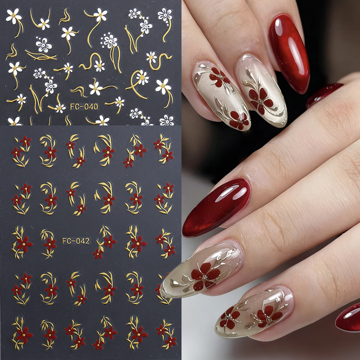 Gold thread floral nail stickers, small gold, silver, red and white flower nail art decorations, New Year and spring nail decals