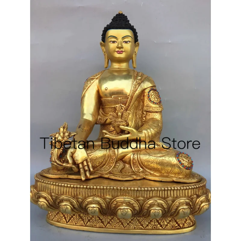 

43cm Tibetan brass gilded gold painted face with gemstone inlaid Buddha statue of Shakyamuni Buddha