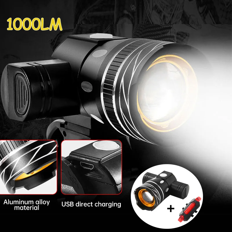 1000LM LED Light Bike/Bicycle/Light Set USB Rechargeable Headlight/Flashlight Waterproof Zoomable Cycling Front Lamp for Bike 