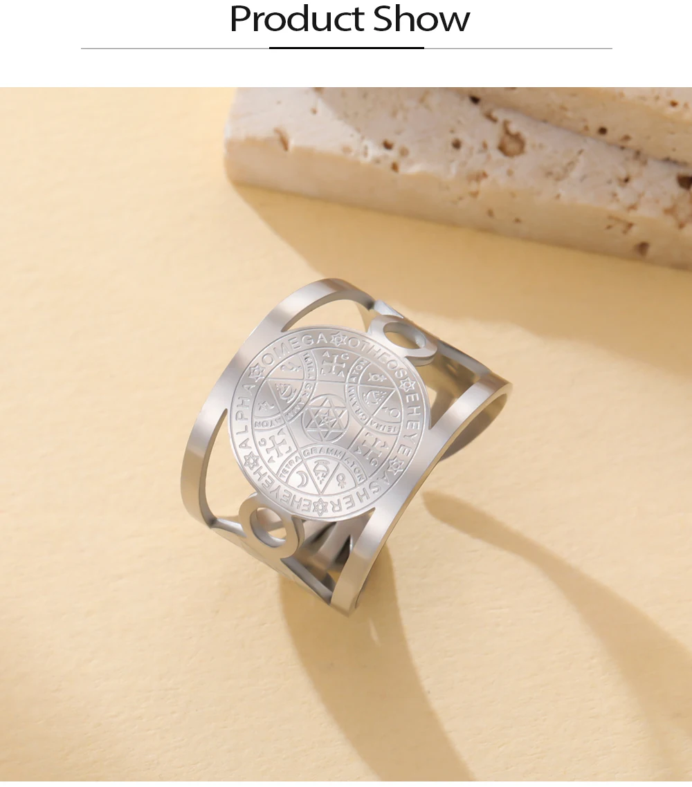 COOLTIME Engel Siegel Offene Ringe Edelstahl Vintage Magischer Schutz Amulett Hexagramm Ring Schmuck Geschenk – Detail 6