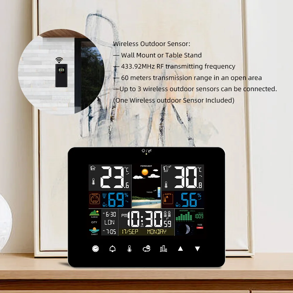 Weather Station Alarm Clock Thermometer Hygrometer Touch Screen Wireless Sensor Sunrise Sunset Multifunction Hygrothermograph