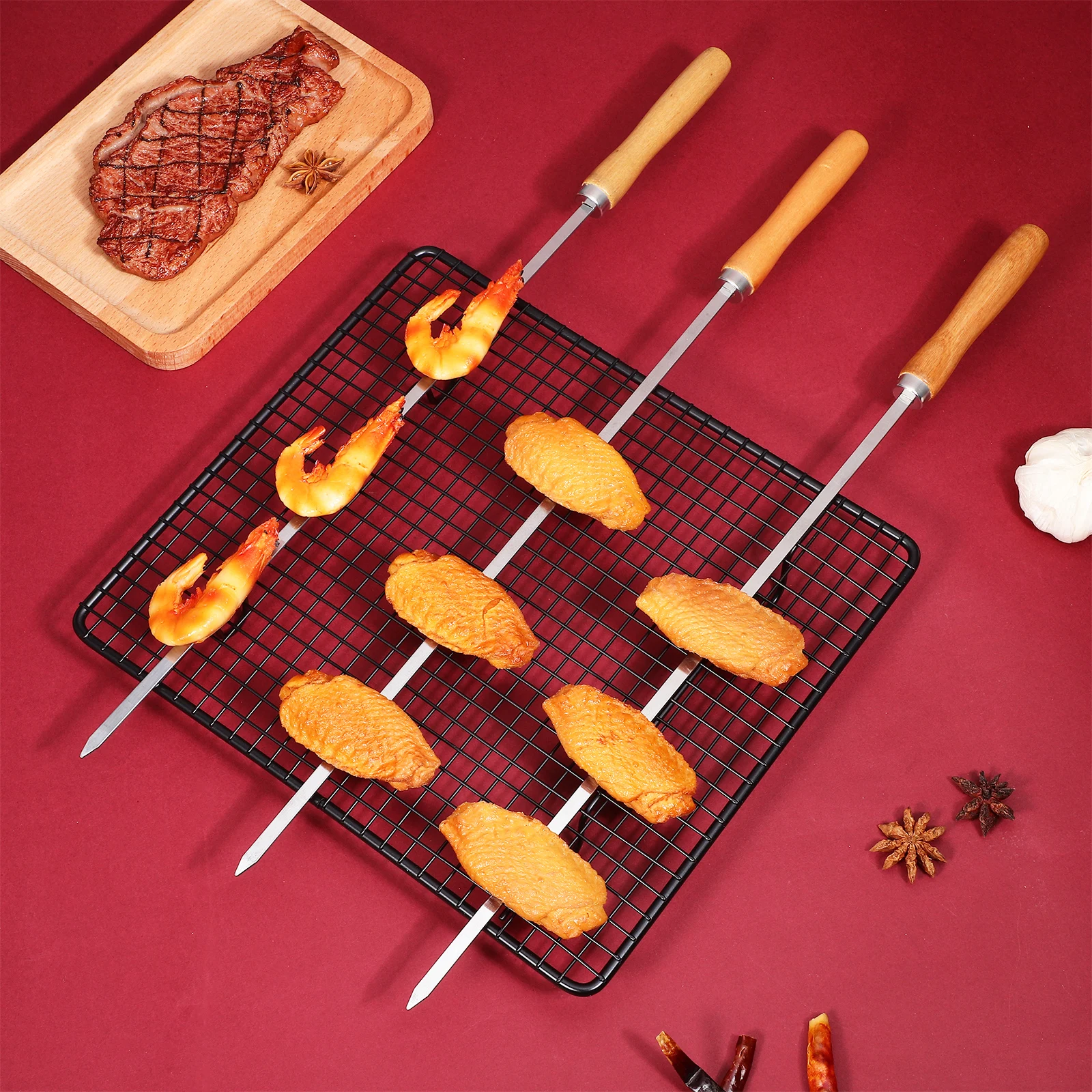 

10 pcs Stainless Steel Flat Barbecue Skewers Grilling Roasting Sticks For Meat Vegetables Seafood Easy Cleaning Outdoor