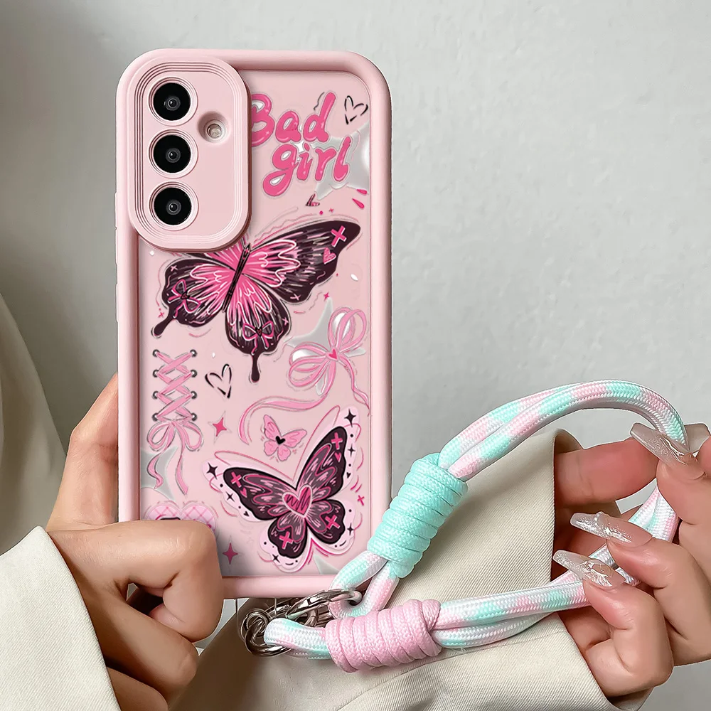 Pink Butterfly Lanyard Case for Samsung A55 35 25 54 34 24 14 73 53 33 23 51 31 72 52 32 22 13 12 Wrist Chain Hang Strap Cover