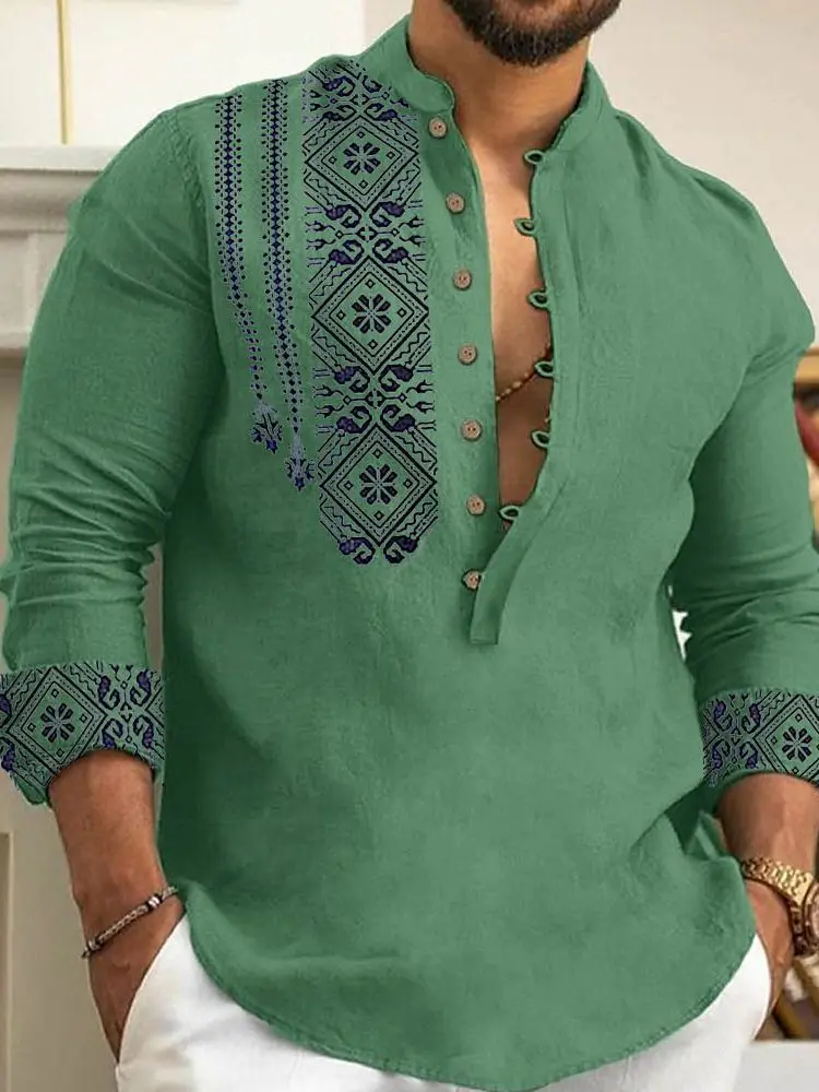 

Loose Long Sleeve Standing Collar Men's Shirt Comfortable Breathable Casual Style Pure Color Youthful Trend Summer Fashion