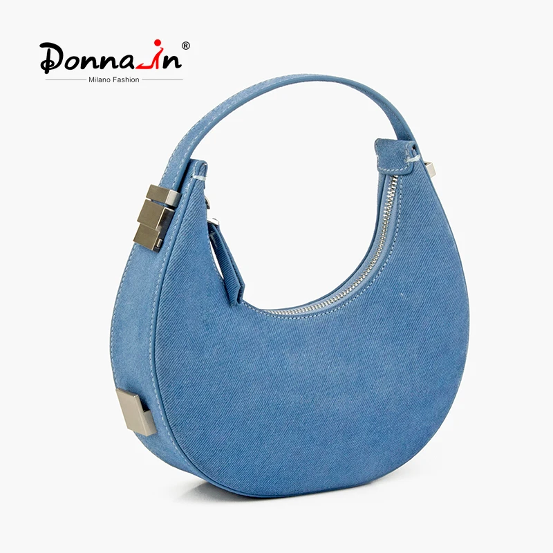 Donna-in krowa zamsz Denim kobiety na ramię torba typu Hobo prawdziwa skóra półksiężyc Half Moon kopertówka sprzedaż hurtowa Dropshipping