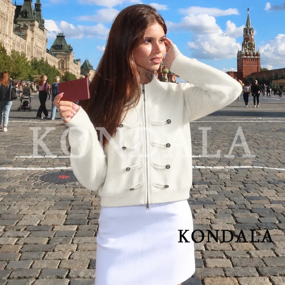 KONDALA Women Fall Casual Knitted Jacket Vintage Rope Buttons Trim Stand-Collar Zipper Cardigan 2026 Autumn Trendy Street Jacket