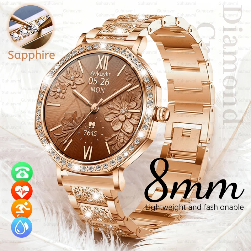 

1.32-inch AMOLED Ladies' Rose Gold Smart Watch Diamond Crown Bluetooth Call Women's Health IP68 Waterproof Sports Smart Bracelet