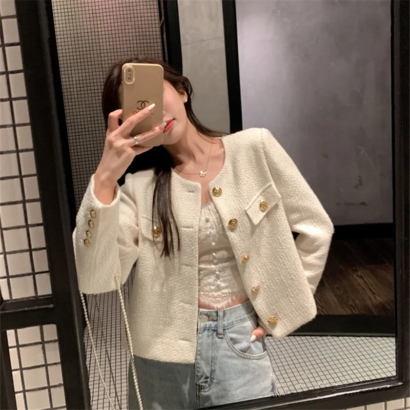 French Wool Tweed Jackets for Women Fashion High-end Gold Button Short Coat Slim Temperament Spring Autumn Korean Women Jacket