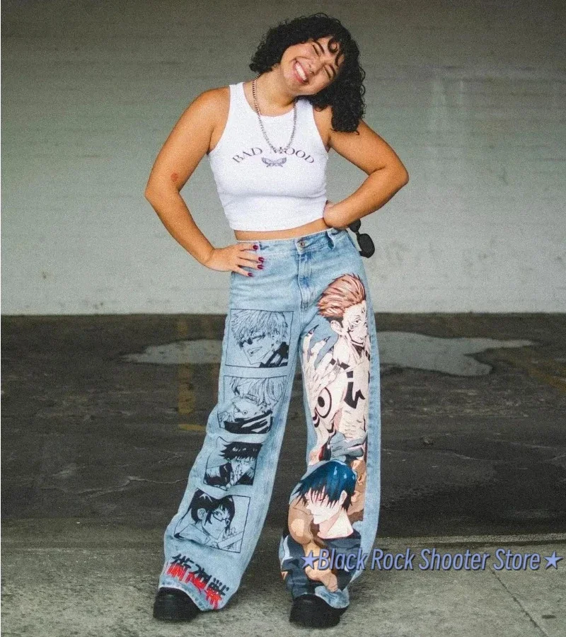 Y2k baggy jeans Harajuku print pattern Streetwear fashion Hip Hop men women high waisted Casual wide leg jeans Anime clothes