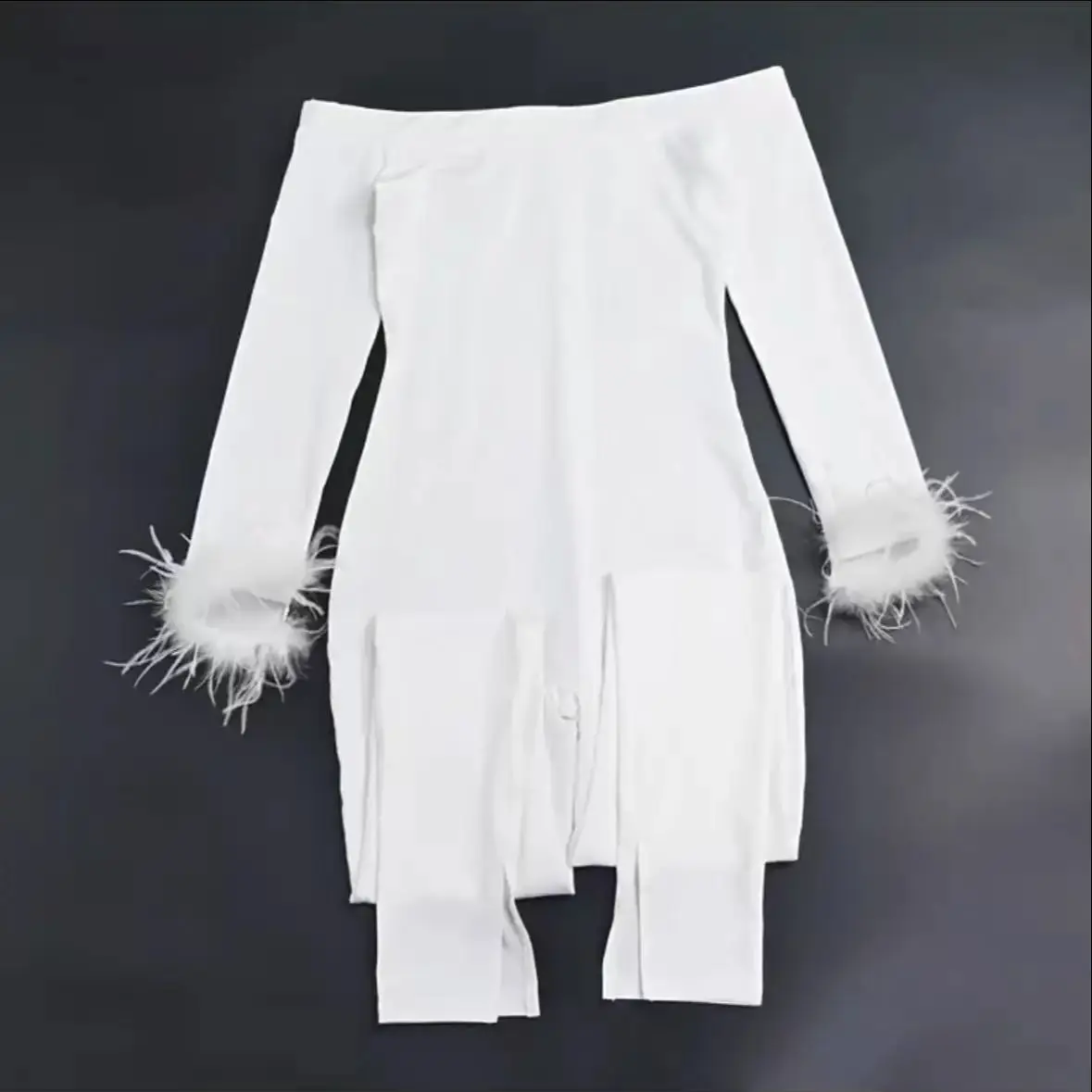 

Bodycon Jumpsuit Women Feather Patchwork Sexy Hot Girl Off Shoulder Long Sleeve Rompers Fashion Overalls Clubwear 2025 Fall