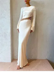 Luxury Satin Evening Robes With Hollow Waistband Sexy Long Sleeves Party Gown Solid Rround Neck Full Ankle Length Prom Gown