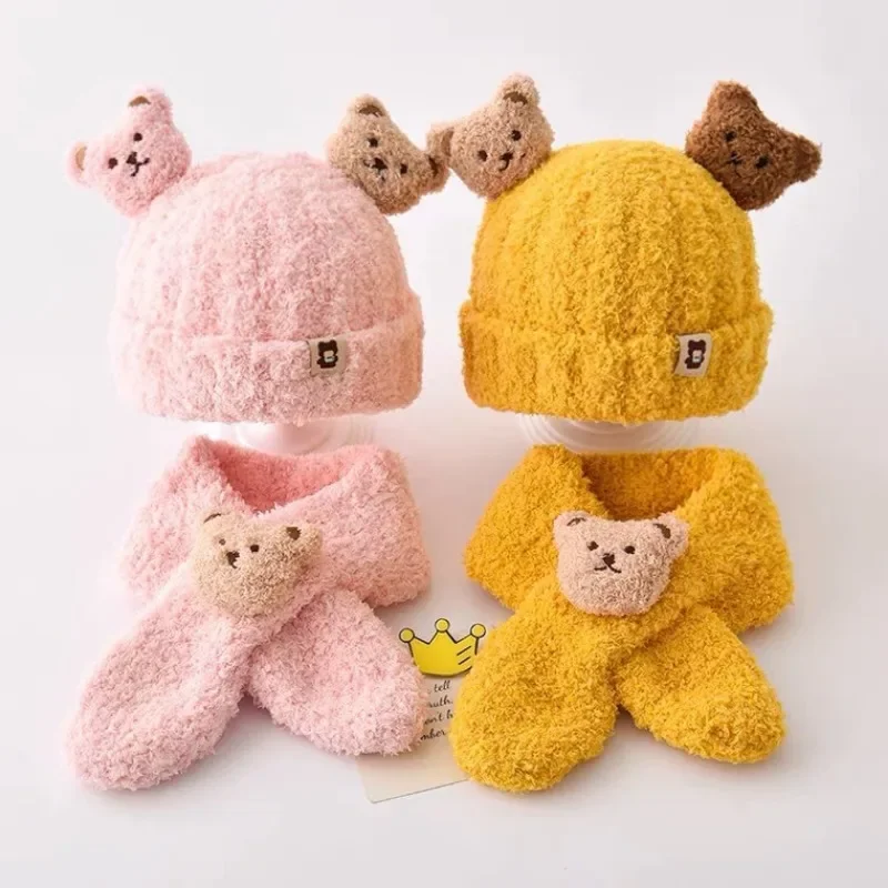 Conjunto de dos piezas para bebé, gorro y bufanda de oso de dibujos animados, gorro de lana cálido para niño y niña, accesorios para Otoño e Invierno