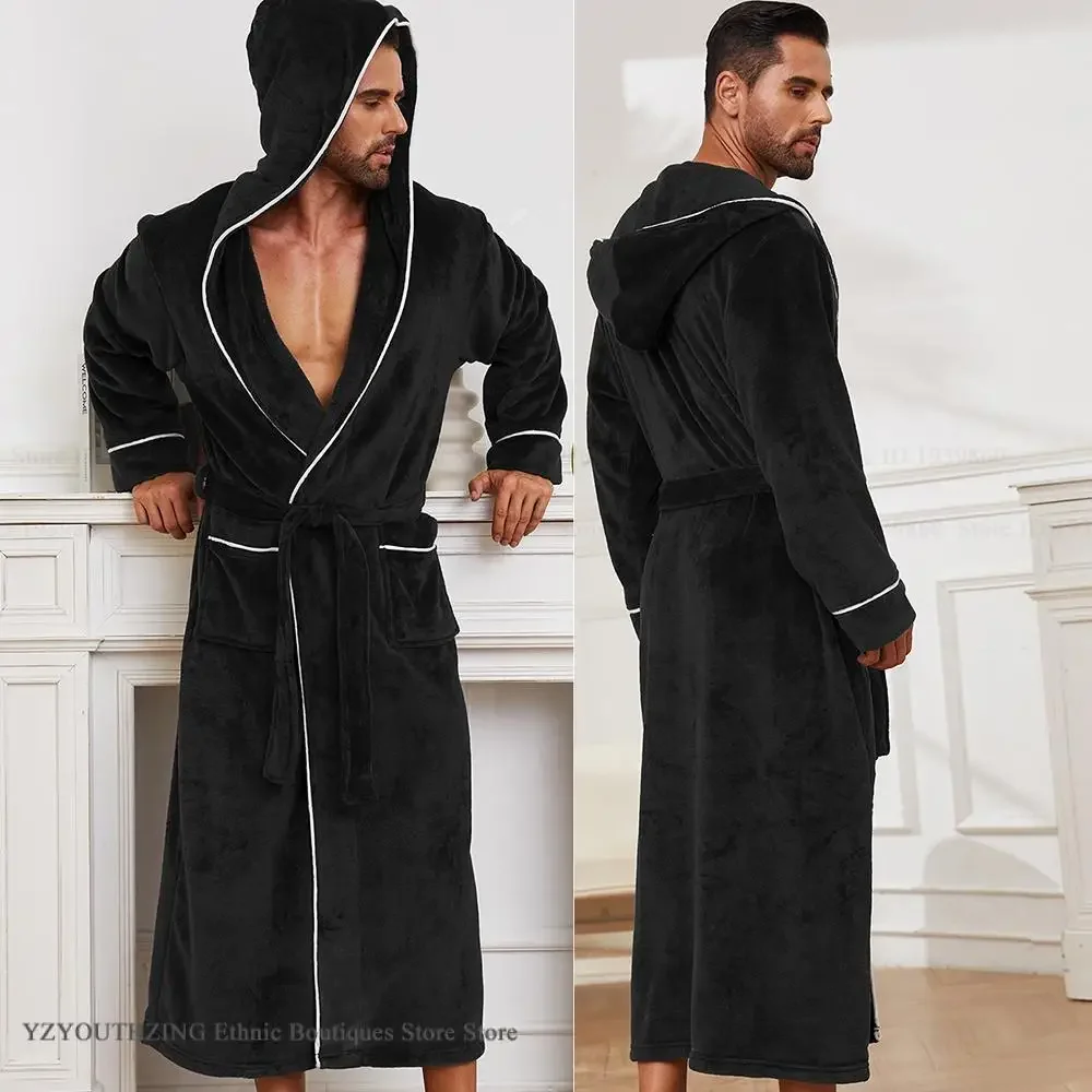 

Autumn Winter Men's Hooded Long Robe Thicken Flannel Sleepwear Bathrobe Kimono Gown Loose Coral Fleece Home Clothes Loungewear