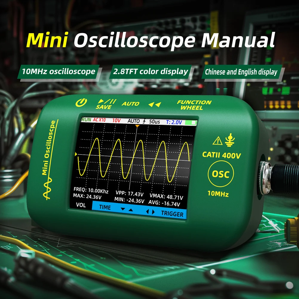 

Digital 2.8-inch TFT Display Oscilloscope Handheld Oscope Meter 10Mhz Bandwidth 48MSa/S Sampling Rate Data Data Storage Function