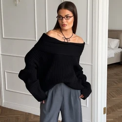 Trendix Off Shoulder Sweater Women's Winter Solid Loose Knitted Long Sleeve Tops Female Street Fashion Oversized Pullover Women