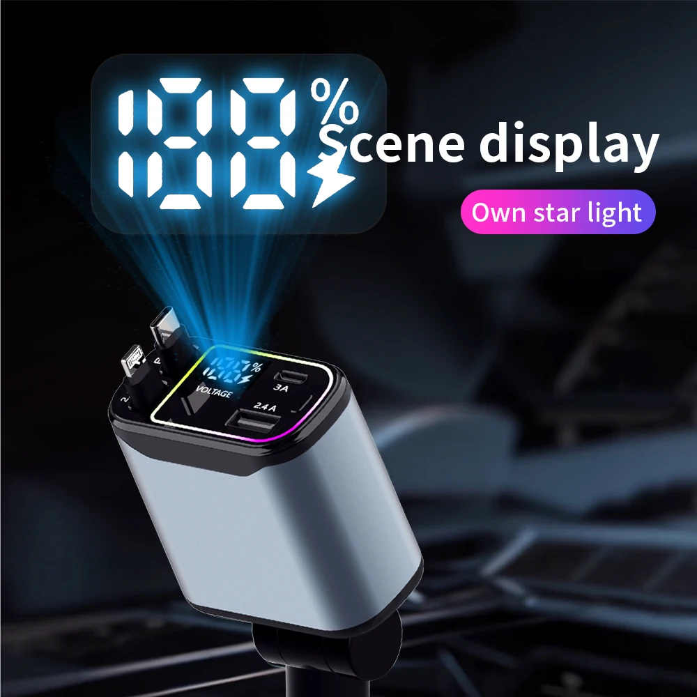 

4 in 1 PD 30W Car Phone Charger Rotational Fast Cigarette Lighter Digital Display with 80cm Type-c and IOS Light Charger Cable