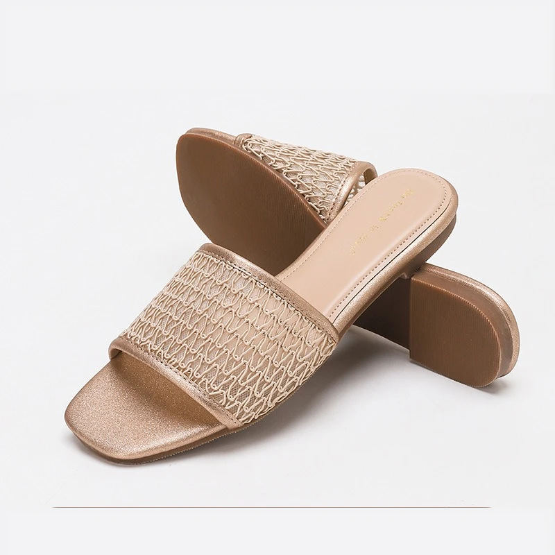 

2026 Summer Champagne Gold Mesh Slide Sandals Women Square Toe Flat Open Toe Slides for Beach Vacation and Casual Wear
