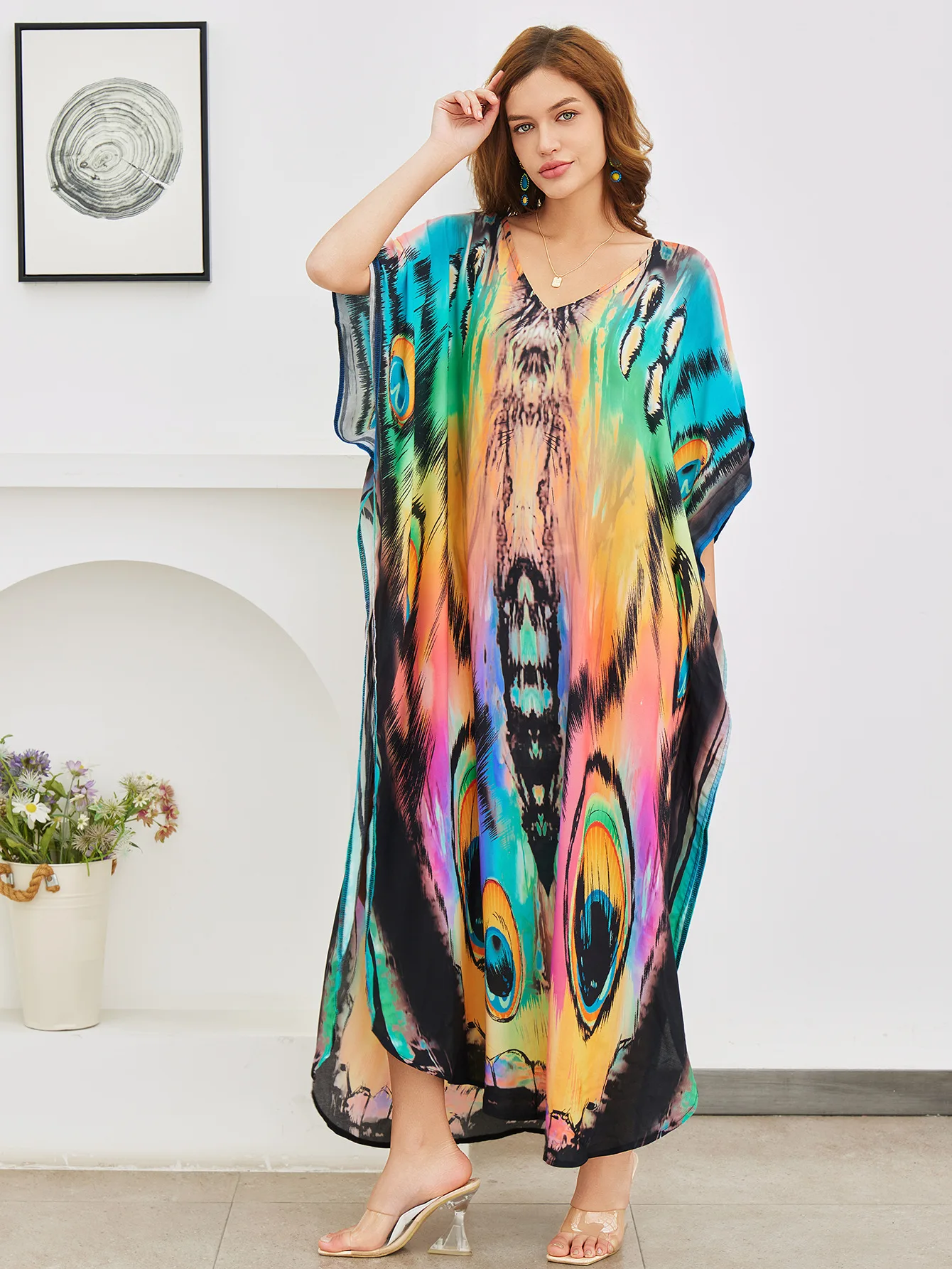 Kaftans for Women Butterfly Printed Maxi Dresses Summer Holiday Cover Ups for Swimwear Dropshipping Wholesale Factory Supply