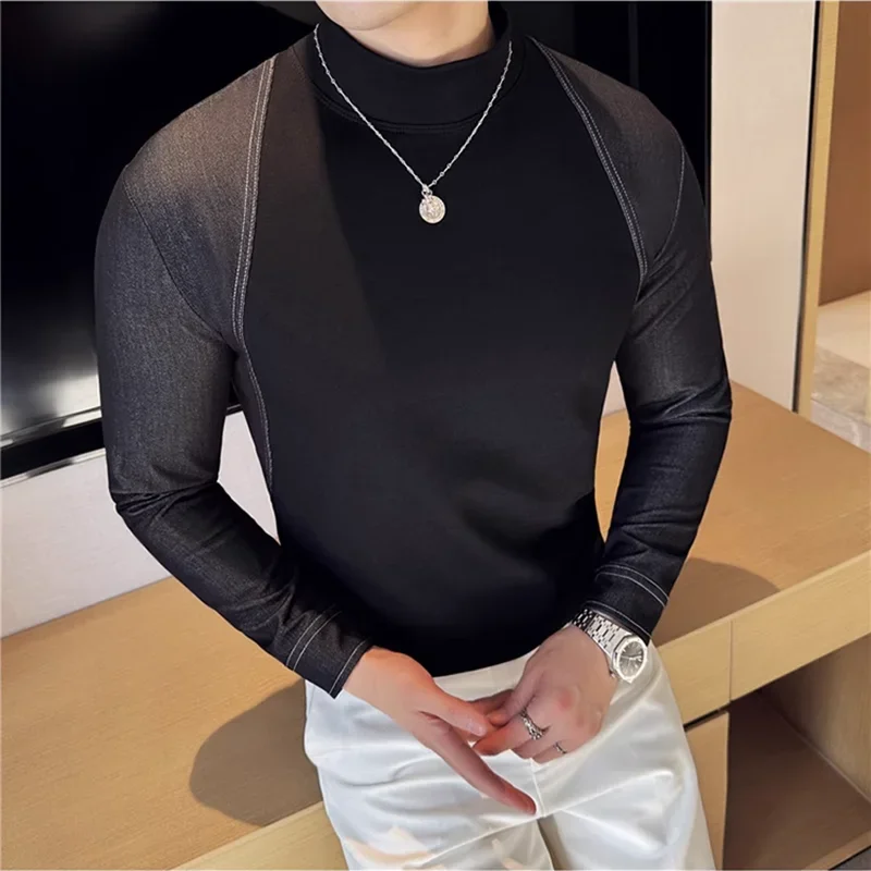 Autumn Winter Denim Splicing Half High Collar T Shirts High Quality Men's Long Sleeve Business Slim Fit Elastic Casual Tee Tops