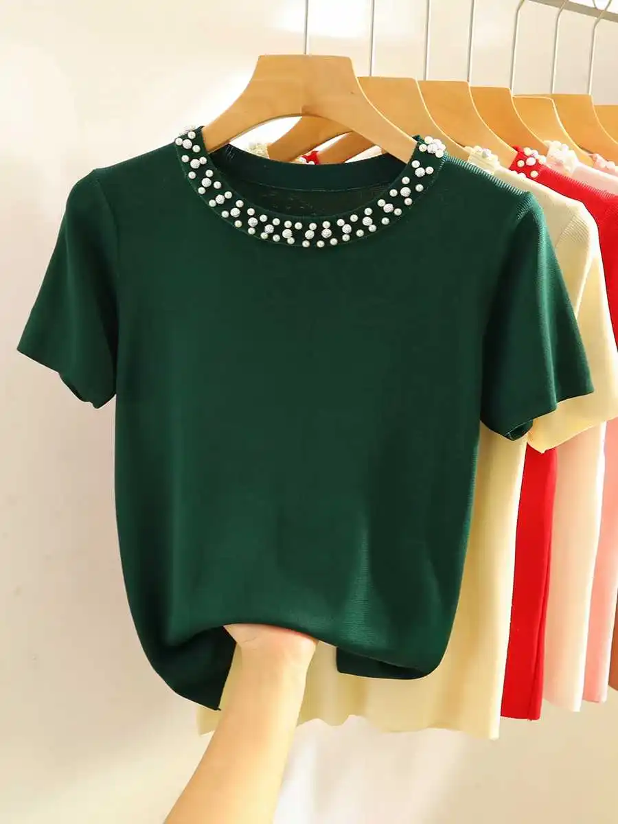 Knitted Sweater Women Pullovers New Short Sleeve O-Neck Beading Knit Sweater Pullover Women Tops Sweaters Sueters De Mujer Q1291