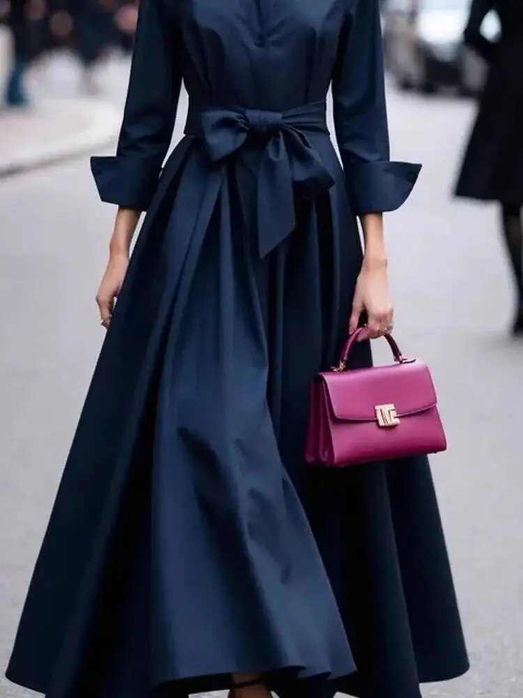 Feminino casual manga sólida longa moda lapela drapeado robe camisa elegante único breasted amarrar cintura vestido de festa