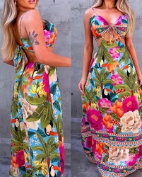 Women 2024 Summer Long Dress Tropical Print Backless Hollow Out Design Tied Detail Dress Sleeveless Holiday A Line Skirt