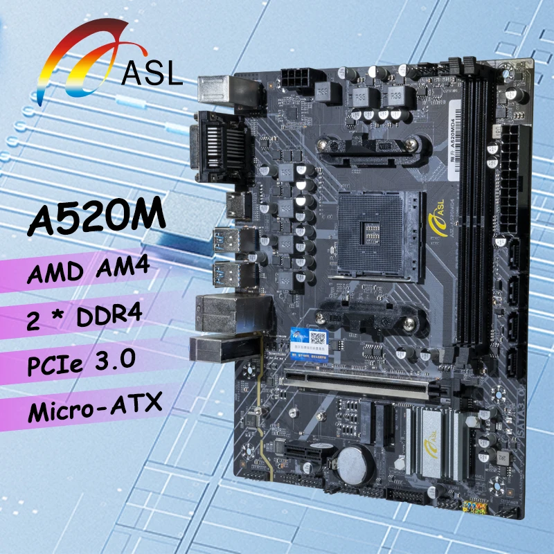 

ASL A520M D4 AMD A520 AM4 Micro-ATX Motherboard Mainboard For AMD Ryzen 3 5 7 9 5600X 5700X 5500 3600 CPU DDR4 NVMe M.2 PCIe 3.0