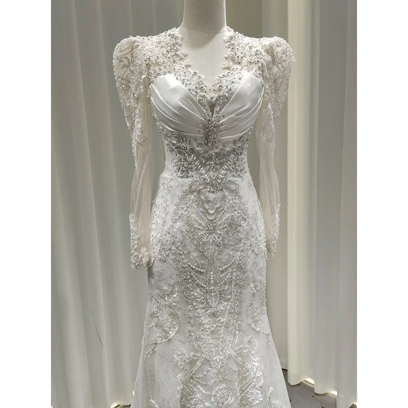 Novo vestido de tecido principal sem alças de chiffon rabo de peixe de renda para fotografia de estúdio