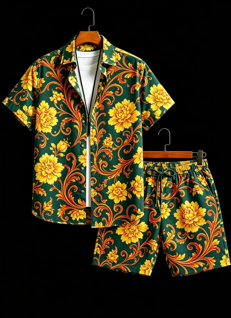 

Summer men's retro floral print two-piece set, short sleeved shirt and shorts, for daily wear and elegant artistic atmosphere