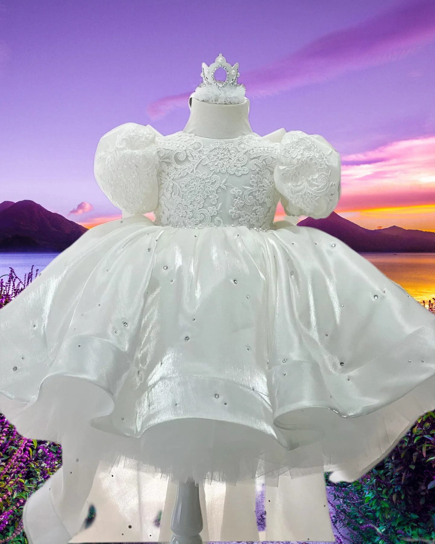 

Customized White Flower Girl Dress For Wedding Puffy Cute Baby Satin Bow Mini Princess Birthday Party First Communion Ball Gown