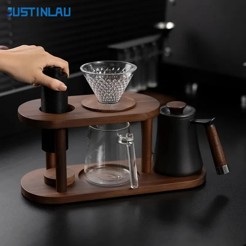 JUSTINLAU Pour Over Coffee Stand Solid Wood Storage Rack Compatible for Hand Grinder & Sharing Pot Diamond Dripper Coffee Tool