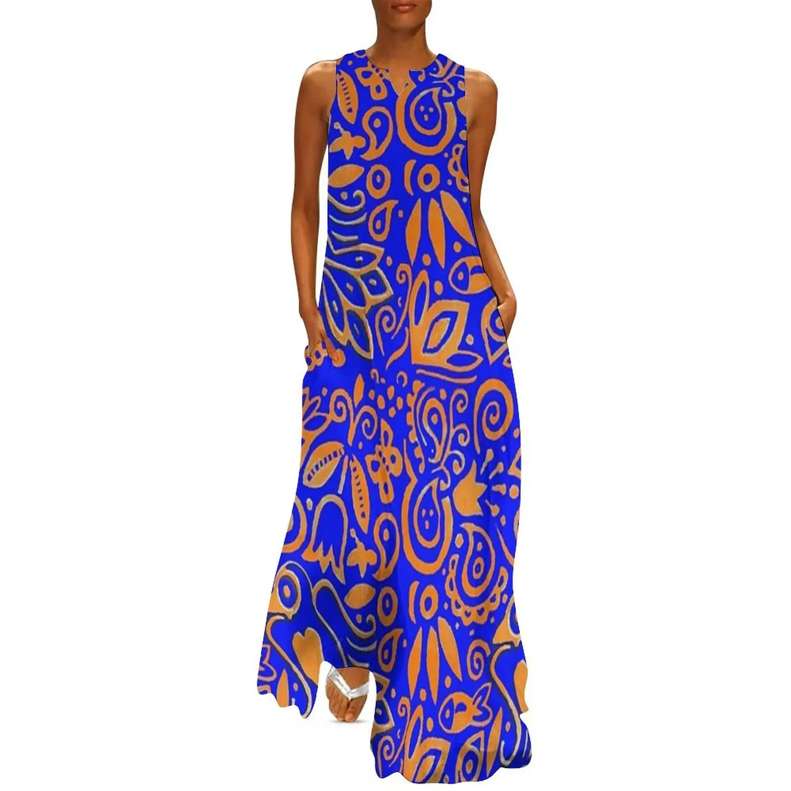 

Orange and Blue Paisley and Floral Bird Textile Long Dress evening dress women Clothing women's clothing summer 2025 novelties
