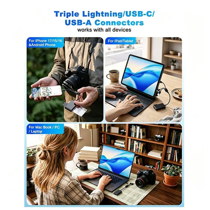 ULBS 6 In 1 SIM Card Reader With USB C/USB A/Lightning Interface, Supports SD/TF/M2/IC/MMC/Memory Stick Pro Duo Cards