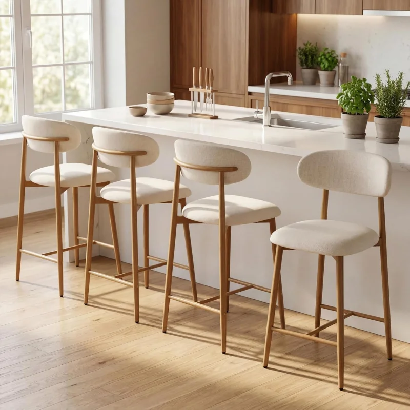 

Set of 4 Height Bar Stools, Upholstered Modern Counter Stools, Metal Kitchen Island Stools, Beige, Space Saving