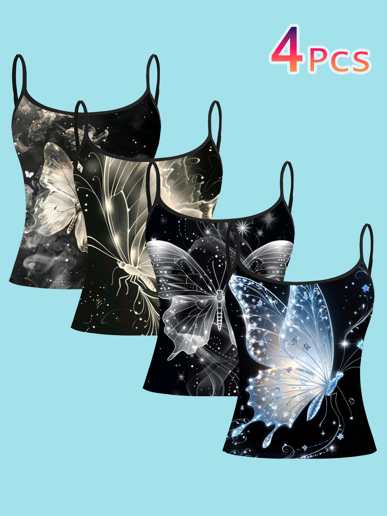 4-Piece Set of Iridescent Rhinestone Butterfly Camisole Set, Dark Starry Sky Butterfly Pattern Women's Base Layer Tank Top