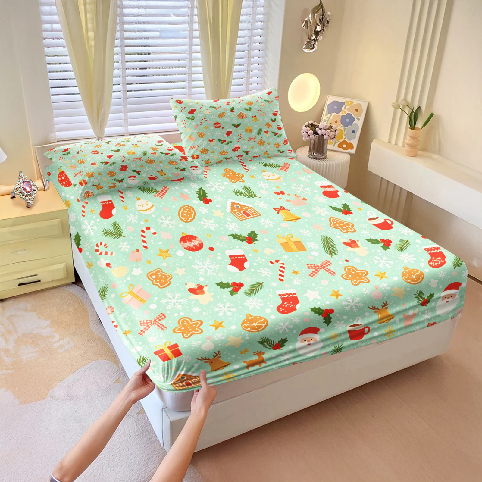 Mint Green Christmas Fitted Sheet Set Santa Gingerbread House Reindeer Snowflake Print Bed Sheet with Pillowcases Mattress Cover
