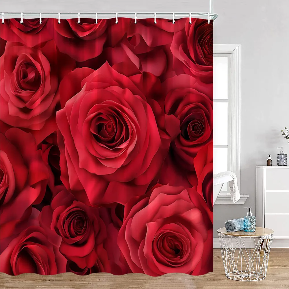 Red Roses Floral Shower Curtain Romantic Flower Plant Love Romance Bath Curtain Polyester Modern Bathroom Decoration with Hook