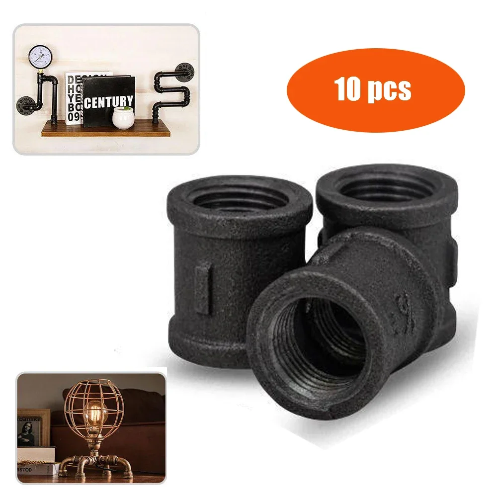 10 Pcs 1/2'' 3/4'' 1'' Iron Pipe Fittings Antique Loft Style Dark Malleable Iron Pipe Fittings Connector Cast Threaded Pipes