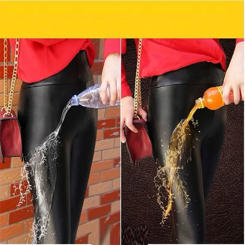 Winter Extra Thick PU Shiny Leather Pants for Women No Splitting High-Waisted Slimming Trousers Plus Size Long Leggings Pants