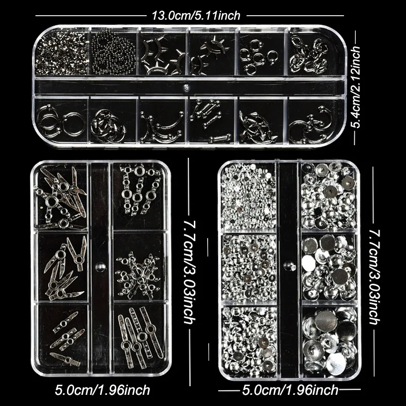 3BOX Y2K Gothic Punk Nail Art Kit - Mixed Silver 3D Metal Studs & Rhinestones, Nail Charms Set with Tweezers for Acrylic Nails. view 2