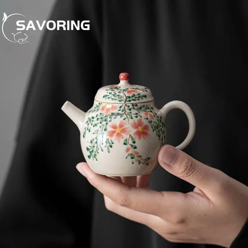 100/165ml Hand-painted Begonia Flower Sketch Teapot Exquisite Single Home Ceramic Tea Maker Kung Fu Tea Set Literati Teapot