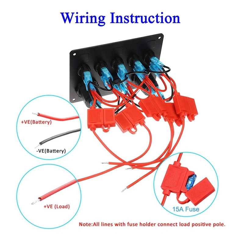 5 Gang Switch Panel, 12V/24V Inline Fuse Box LED Switch Panel Dual USB Socket Power Outlet LED Voltmeter For Boat Truck