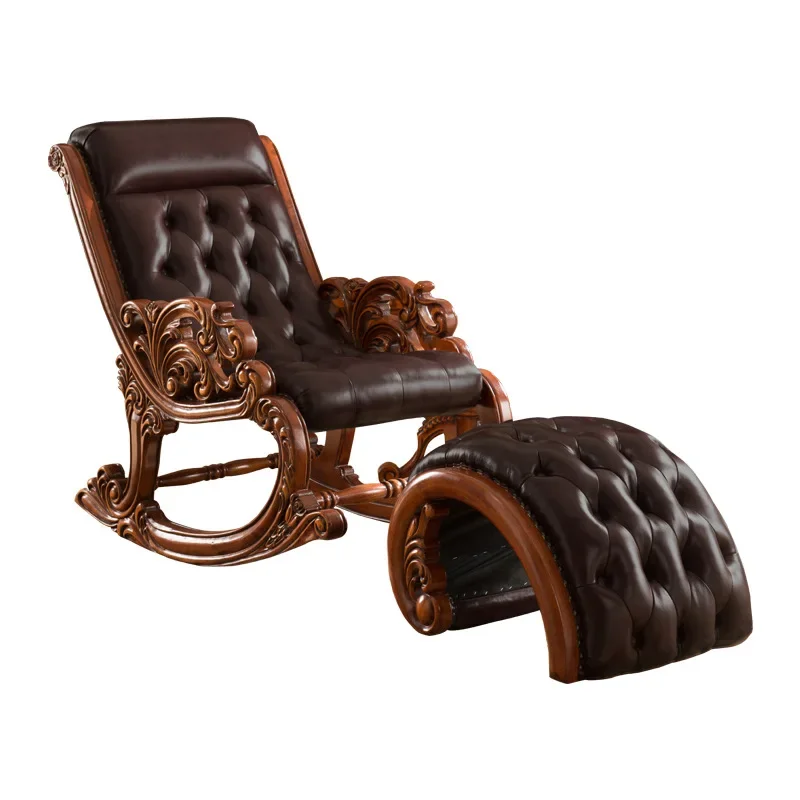 

American oak solid wood rocking chair, leather household European lazy chair, casual