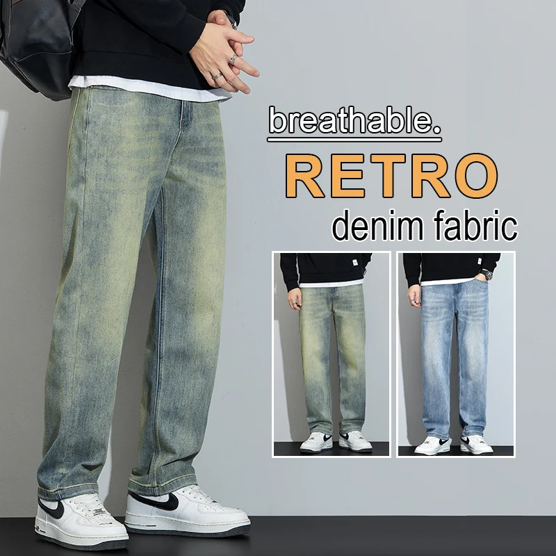 

Men's Elastic Fabric Loose Distressed Straight Jeans 2025 Autumn Winter Comfortable Versatile Casual Wide Leg Pants Plus Size 38