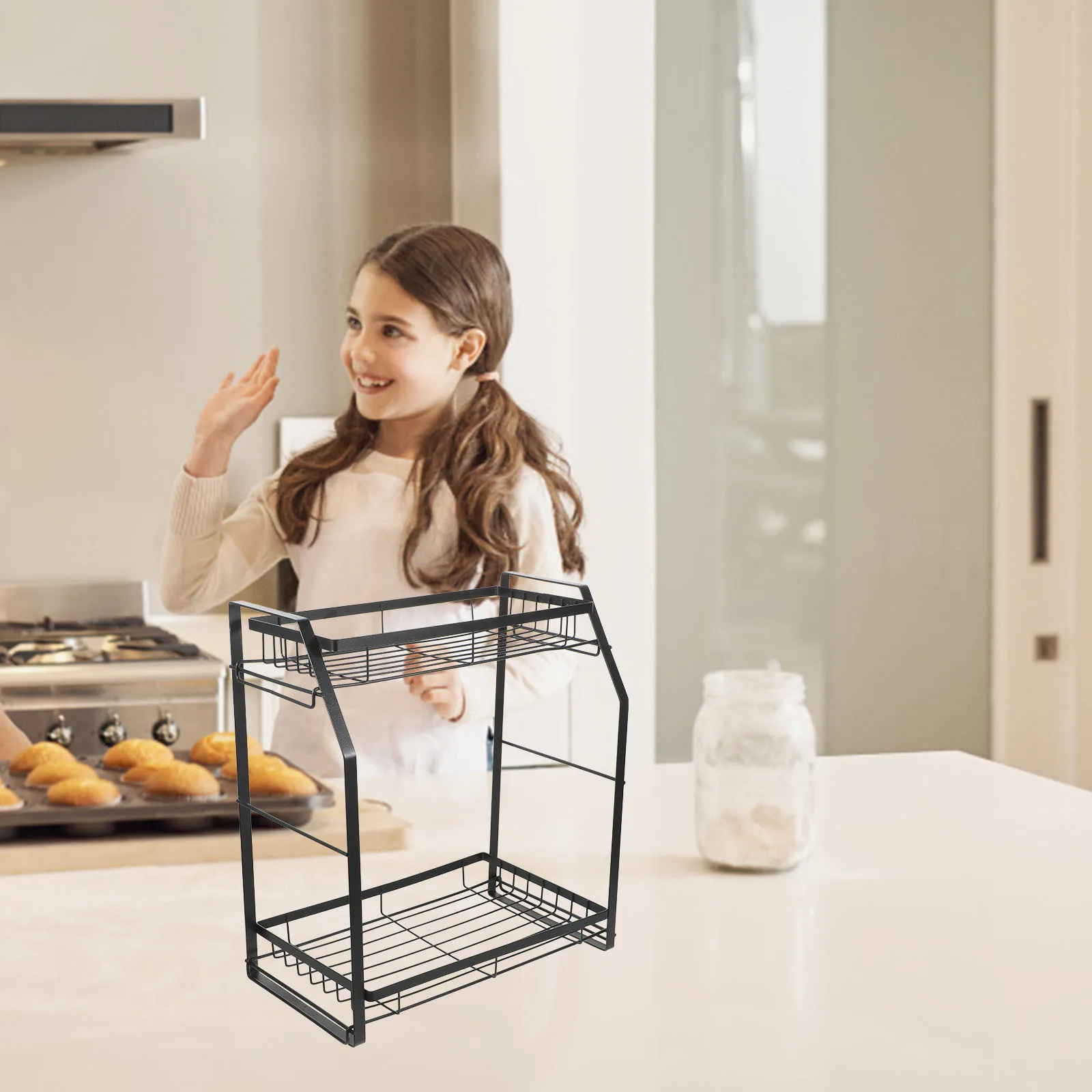 

2 Tier Double-Deck Spice Organizer Iron Kitchen Countertop Storage Rack Detachable Seasoning Bottle Holder For Cabinet Pantry