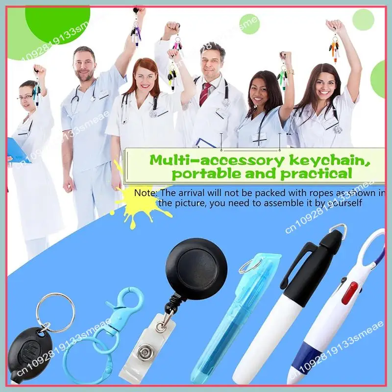N94R 8Pack Badge Reel Pen Retractable Shuttle-Pen With Mini Marker Pen Flashlight Key Ring Retractable Badge Holde