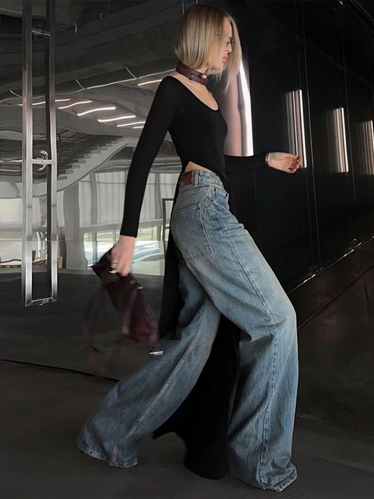 Weird Puss-Top longo clássico feminino, T-shirt irregular, temperamento simples, casual de rua, chique elástico especial, tendência de outono